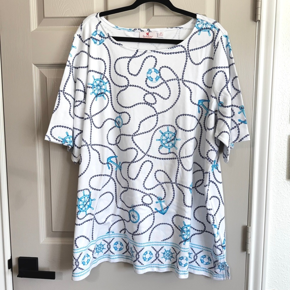 Quacker Factory Women 3X Nautical Anchor Rope Tunic Top White Blue Cotton 100%